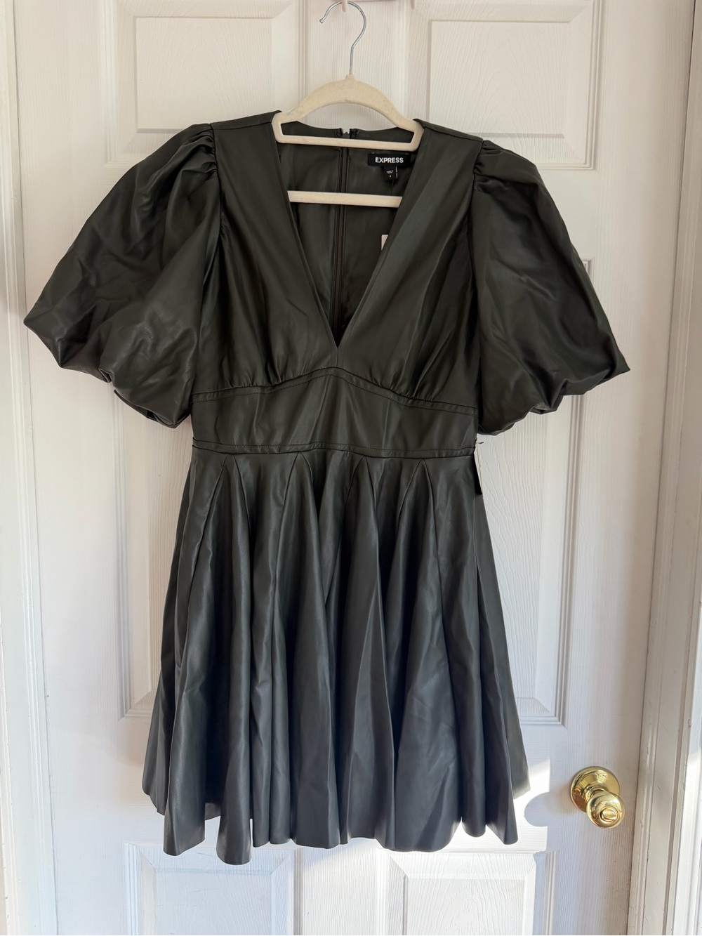 NWT Express Olive Puff Sleeve Faux Leather Mini Dress - Picture 2 of 9